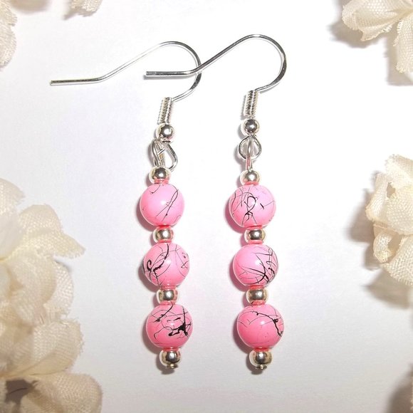 Hot Pink and Silver Beaded Dangle Earrings Set Fashion Accessory Gift Idea 6905 - Picture 1 of 7
